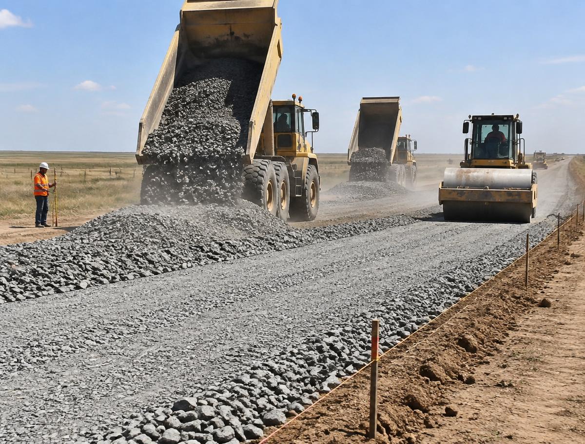 Camiones y compactador ejecutando la base de piedra de un camino rural